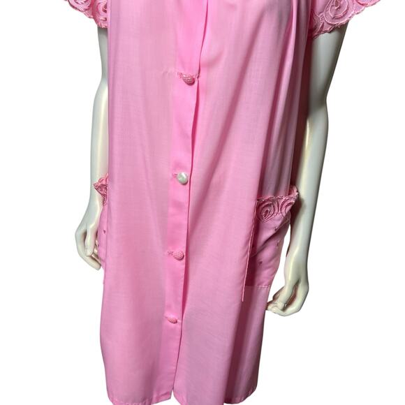 Vintage Pink Nightgown Robe House Dress Embroidered Rose Scalloped Sleeves - Picture 3 of 10